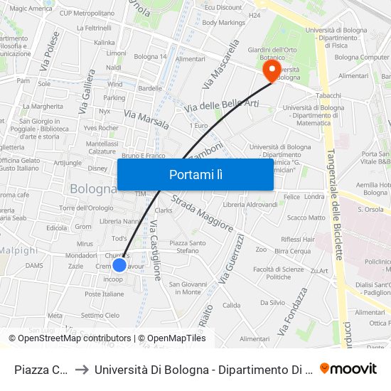 Piazza Cavour to Università Di Bologna - Dipartimento Di Medicina Legale map
