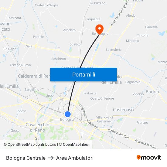 Bologna Centrale to Area Ambulatori map