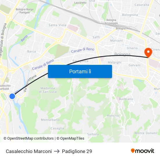 Casalecchio Marconi to Padiglione 29 map