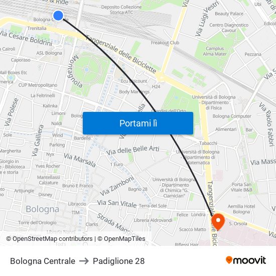 Bologna Centrale to Padiglione 28 map