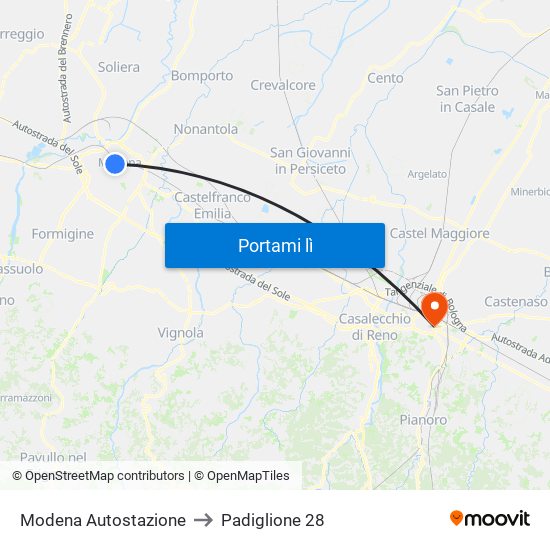 Modena Autostazione to Padiglione 28 map