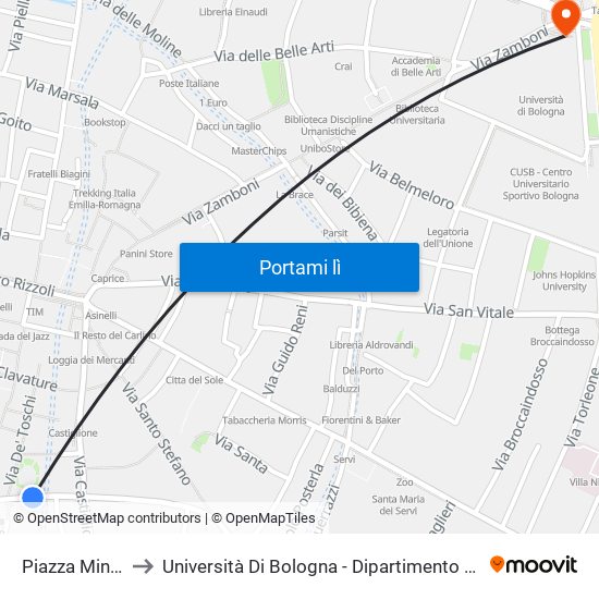 Piazza Minghetti to Università Di Bologna - Dipartimento Di Matematica map