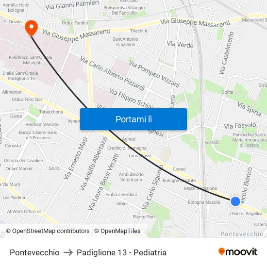 Pontevecchio to Padiglione 13 - Pediatria map