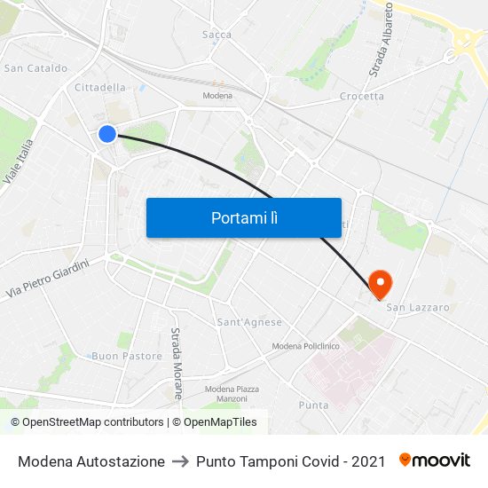 Modena Autostazione to Punto Tamponi Covid - 2021 map
