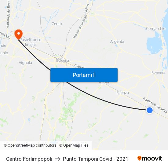 Centro Forlimpopoli to Punto Tamponi Covid - 2021 map