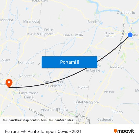 Ferrara to Punto Tamponi Covid - 2021 map