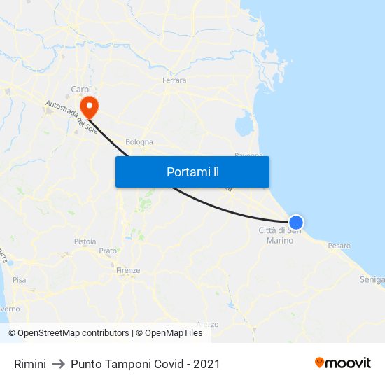 Rimini to Punto Tamponi Covid - 2021 map