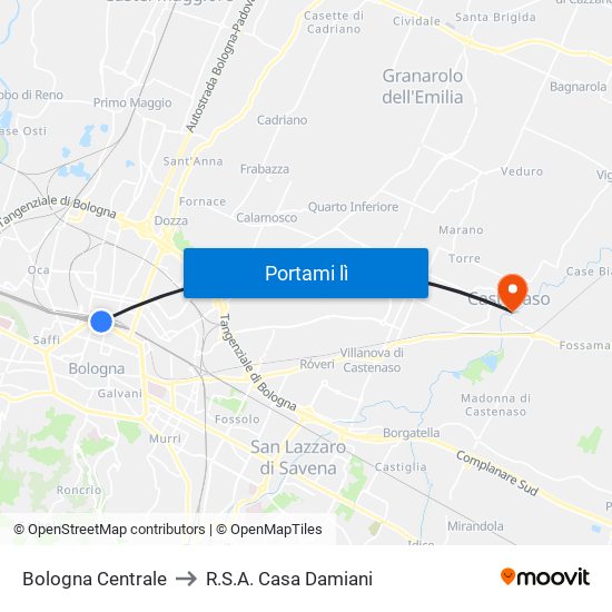 Bologna Centrale to R.S.A. Casa Damiani map