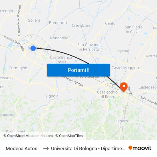 Modena  Autostazione to Università Di Bologna - Dipartimento Di Agraria map