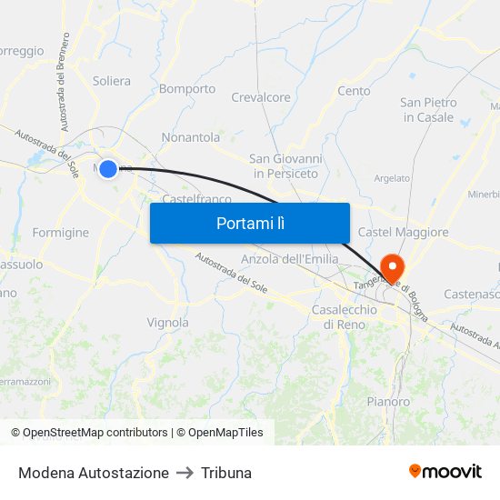 Modena Autostazione to Tribuna map