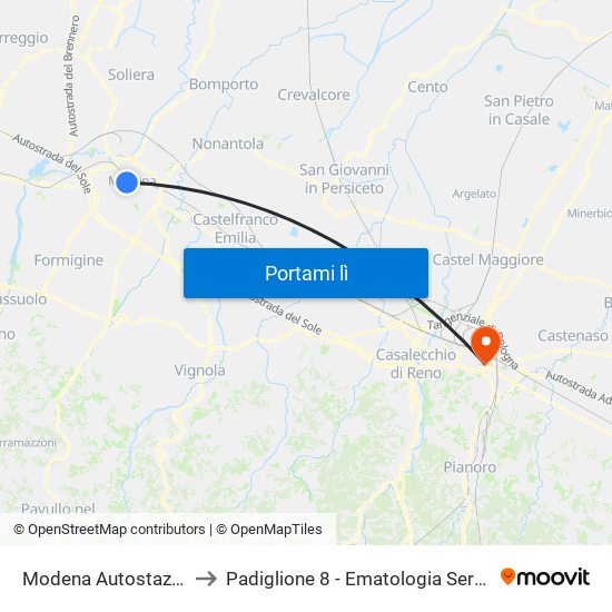 Modena Autostazione to Padiglione 8 - Ematologia Seragnoli map