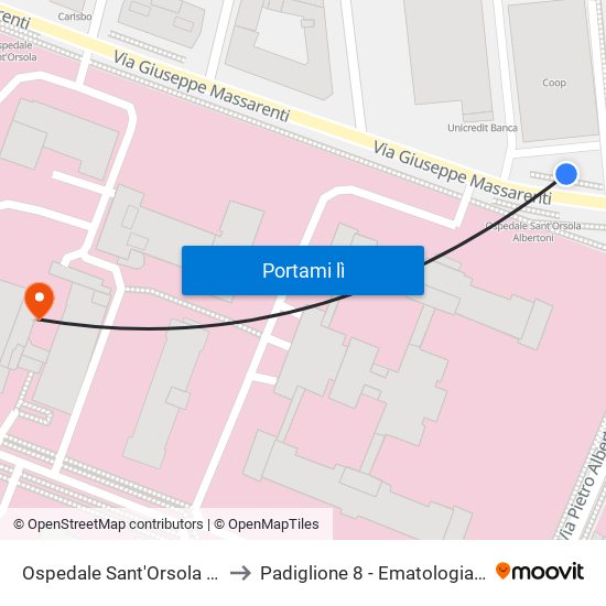 Ospedale Sant'Orsola Albertoni to Padiglione 8 - Ematologia Seragnoli map