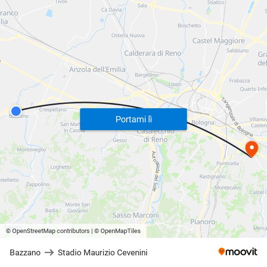 Bazzano to Stadio Maurizio Cevenini map