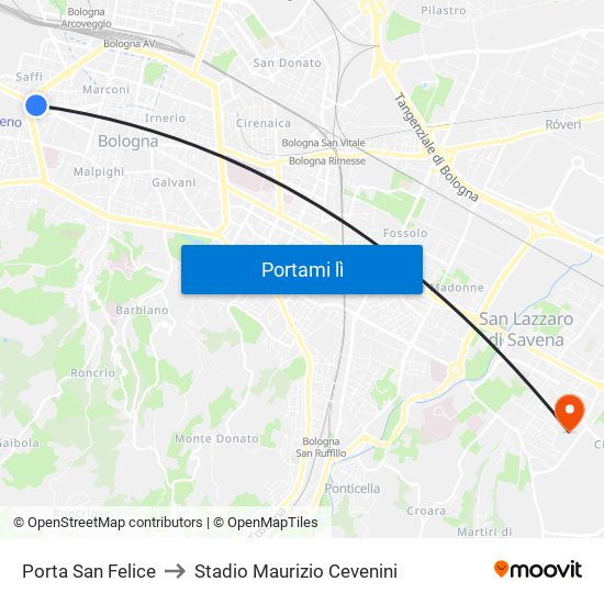 Porta San Felice to Stadio Maurizio Cevenini map