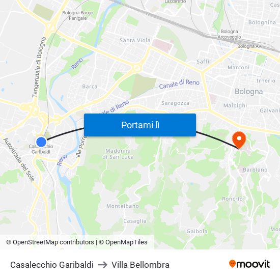 Casalecchio Garibaldi to Villa Bellombra map