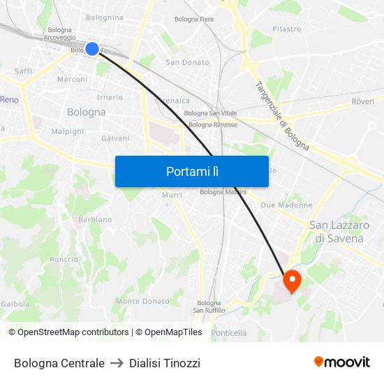 Bologna Centrale to Dialisi Tinozzi map