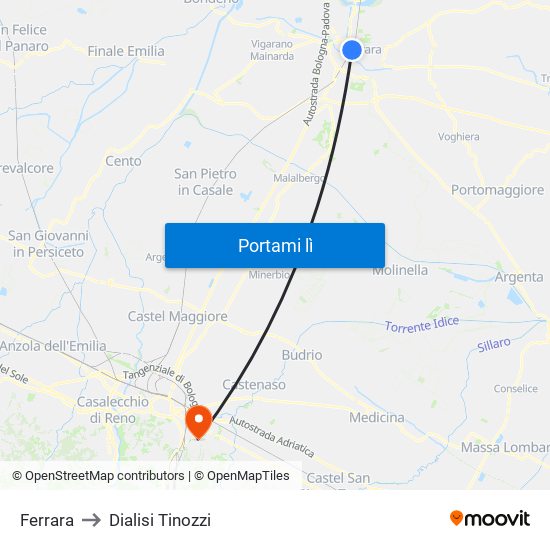 Ferrara to Dialisi Tinozzi map