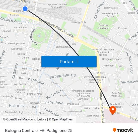 Bologna Centrale to Padiglione 25 map
