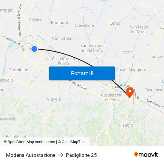 Modena Autostazione to Padiglione 25 map