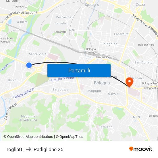 Togliatti to Padiglione 25 map