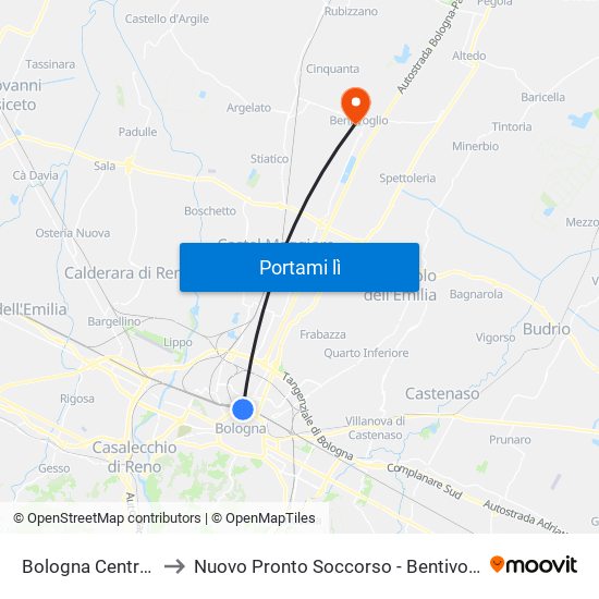 Bologna Centrale to Nuovo Pronto Soccorso - Bentivoglio map