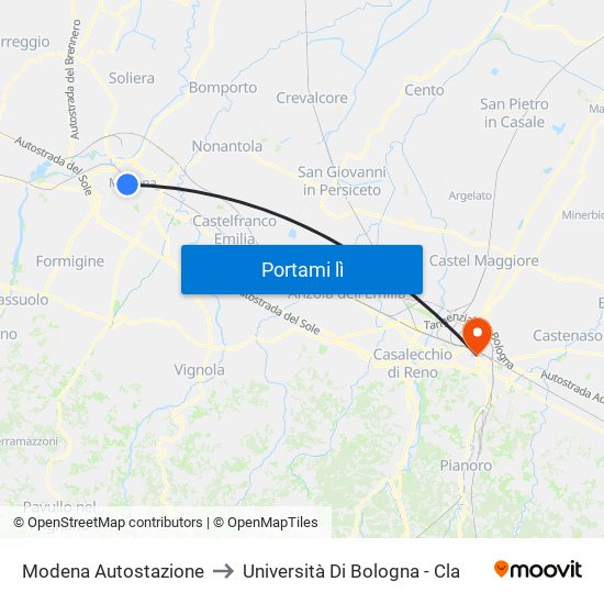 Modena Autostazione to Università Di Bologna - Cla map
