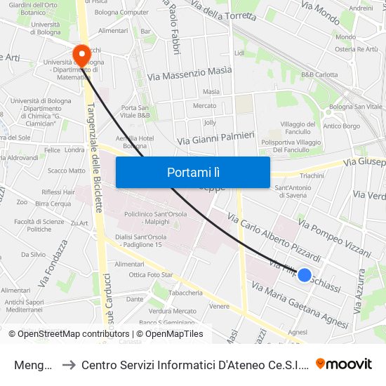 Mengoli to Centro Servizi Informatici D'Ateneo 
Ce.S.I.A. map