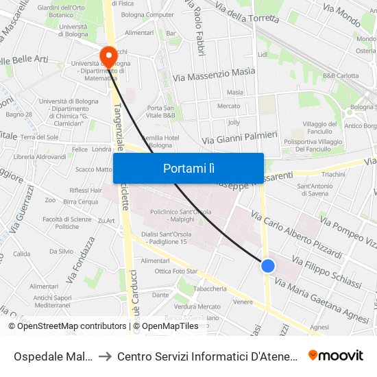 Ospedale Malpighi to Centro Servizi Informatici D'Ateneo 
Ce.S.I.A. map