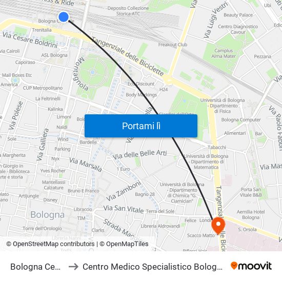 Bologna Centrale to Centro Medico Specialistico Bolognese S.R.L. map