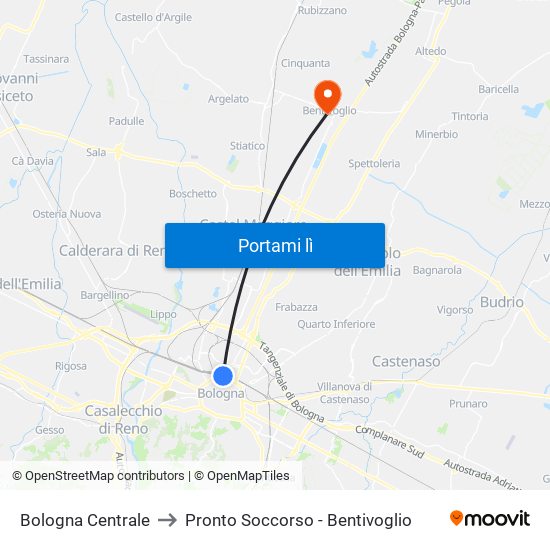 Bologna Centrale to Pronto Soccorso - Bentivoglio map