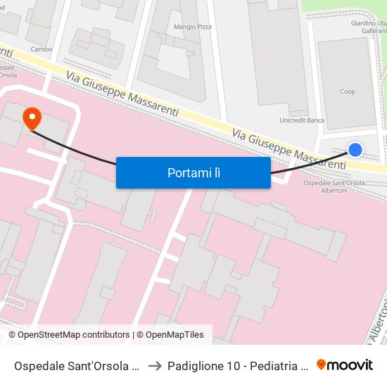 Ospedale Sant'Orsola Albertoni to Padiglione 10 - Pediatria Gozzadini map