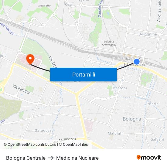 Bologna Centrale to Medicina Nucleare map