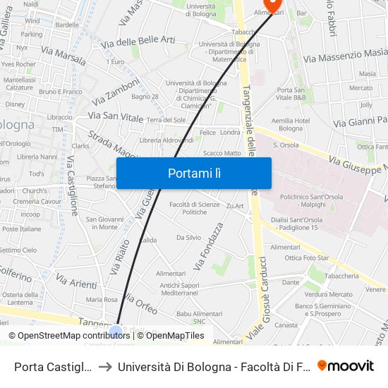 Porta Castiglione to Università Di Bologna - Facoltà Di Farmacia map