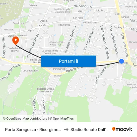 Porta Saragozza - Risorgimento to Stadio Renato Dall'Ara map