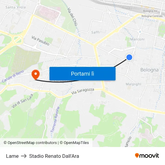 Lame to Stadio Renato Dall'Ara map