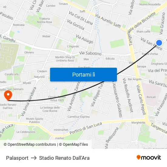 Riva Di Reno - Lame to Stadio Renato Dall'Ara map