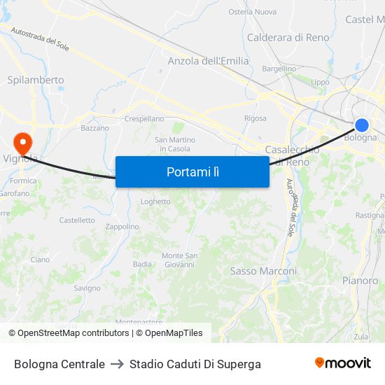 Bologna Centrale to Stadio Caduti Di Superga map