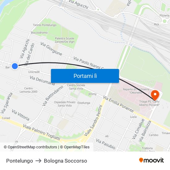 Pontelungo to Bologna Soccorso map