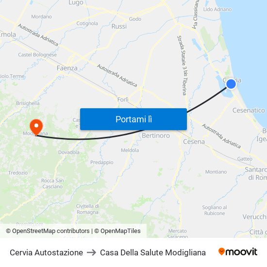 Cervia Autostazione to Casa Della Salute Modigliana map
