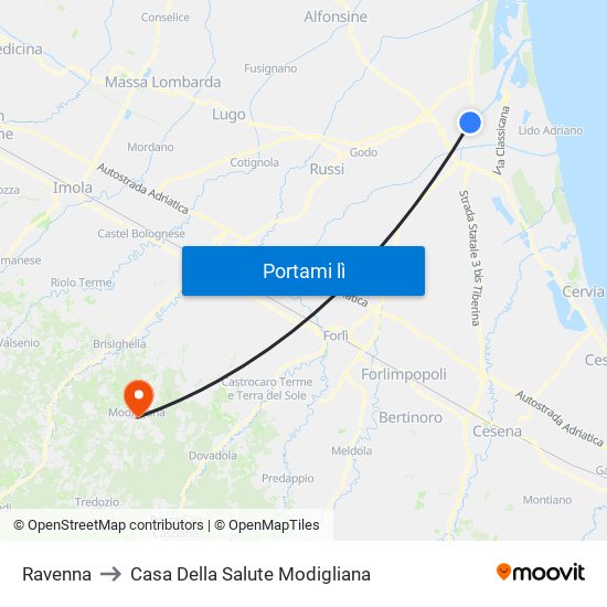 Ravenna to Casa Della Salute Modigliana map