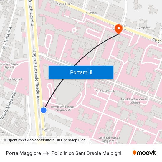 Porta Maggiore to Policlinico Sant'Orsola Malpighi map