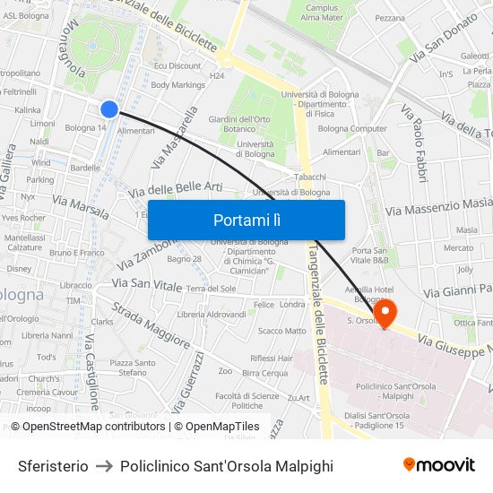 Sferisterio to Policlinico Sant'Orsola Malpighi map