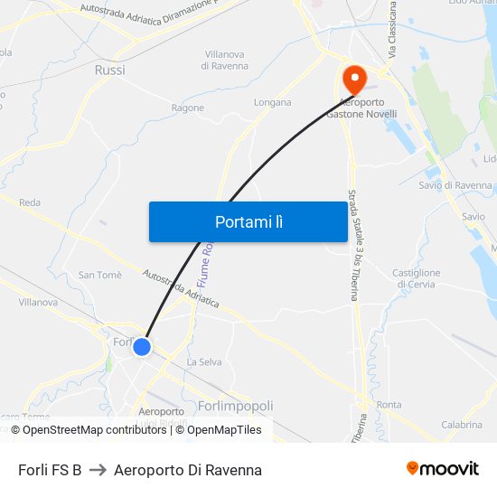 Forli FS B to Aeroporto Di Ravenna map