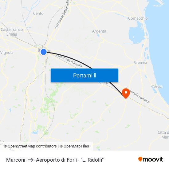 Marconi to Aeroporto di Forlì - "L. Ridolfi" map
