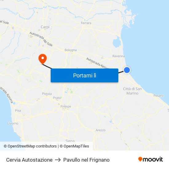 Cervia Autostazione to Pavullo nel Frignano map