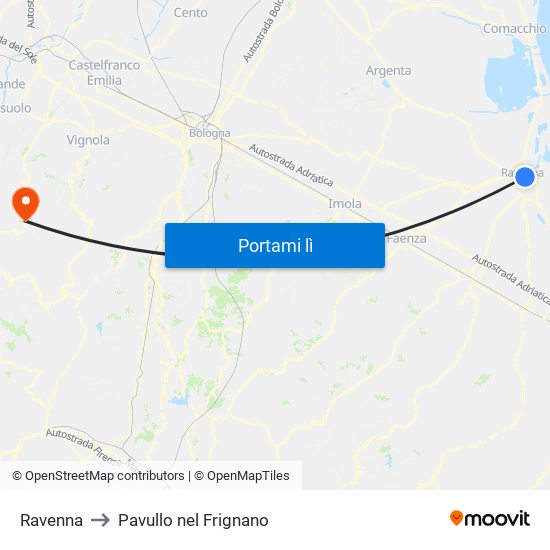 Ravenna to Pavullo nel Frignano map