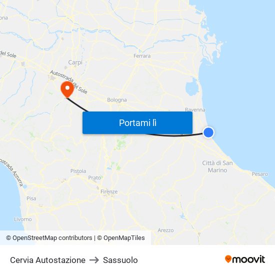 Cervia Autostazione to Sassuolo map
