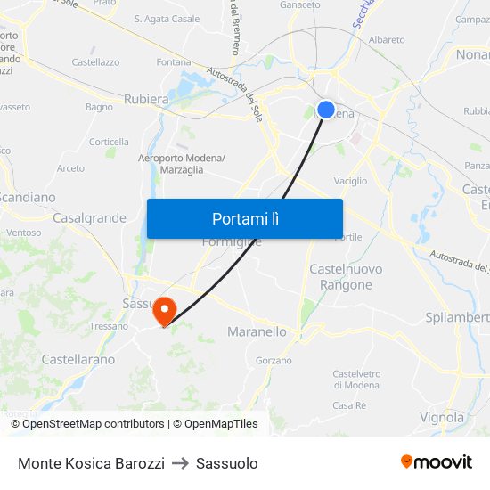 Monte Kosica Barozzi to Sassuolo map