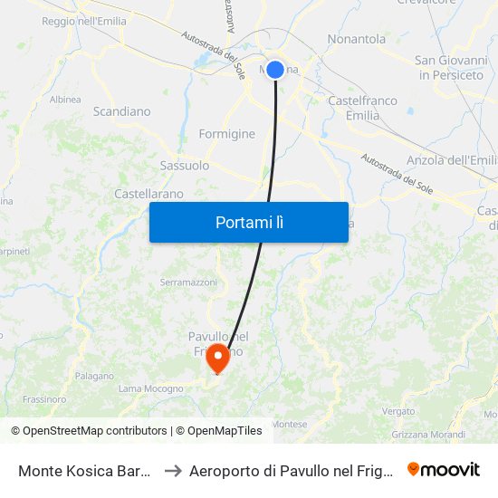 Monte Kosica Barozzi to Aeroporto di Pavullo nel Frignano map