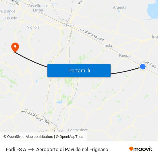 Forli FS A to Aeroporto di Pavullo nel Frignano map